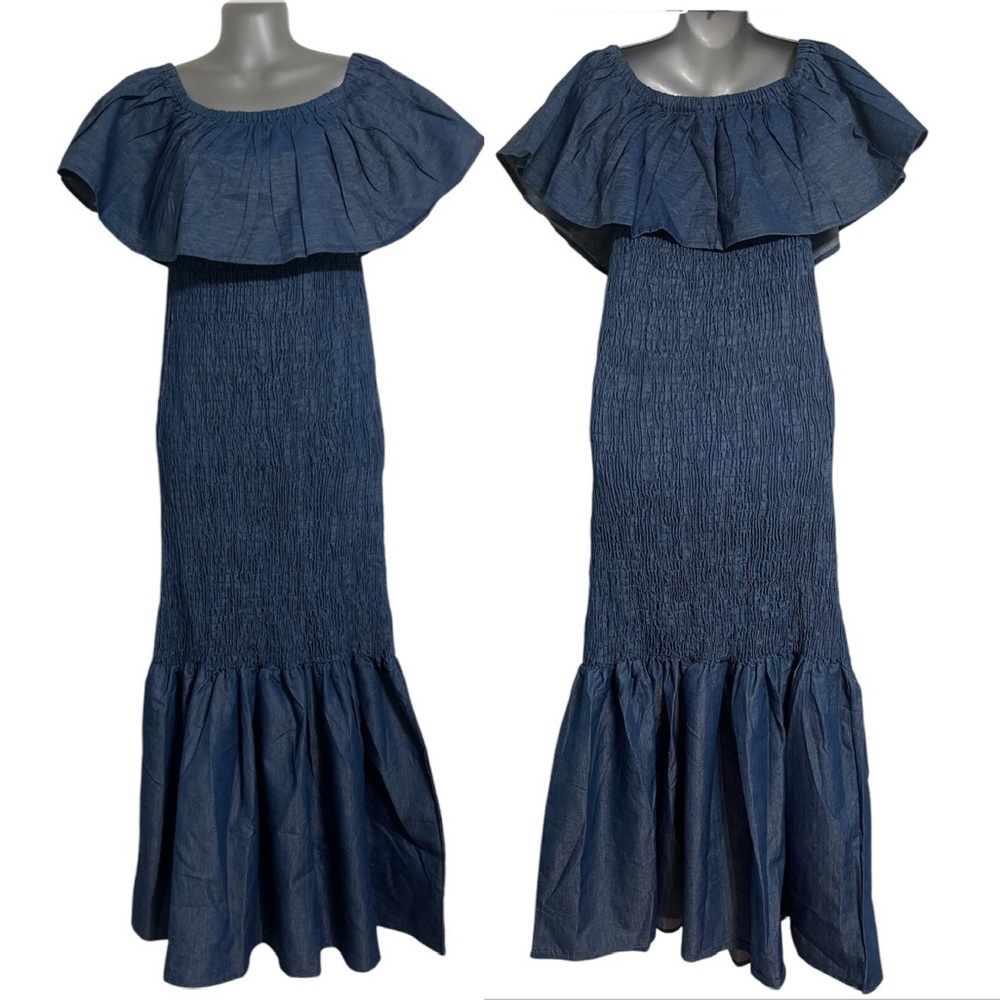 Women's Denim Smocking Off Shoulder Mermaid Dress Blue One Size New
